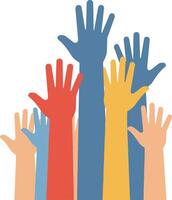 Colorful hands raised together in unity showcasing diverse support in flat art vector