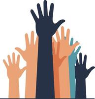 Diverse hands raised in unity and support, flat design art vector