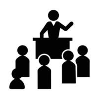 Business Presentation Icon Featuring Speaker Presenting To An Audience In Monochrome vector