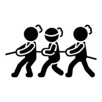 Team Of Stick Figures Pulling Rope In Tug Of War Game Black Glyph vector