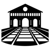 Monochrome Illustration Of A Train Depot With Tracks Leading Into The Building vector