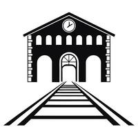Black And White Image Of Railway Station With Clock Tower And Track vector