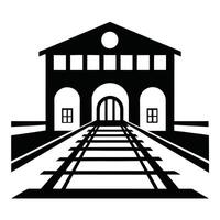 Black And White Railway Station Illustration With Train Tracks Perspective View vector