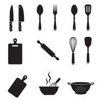 Utensil icon set in modern flat and line style with cooking tools like spoon knife fork whisk spatula rolling pin ladle and cloche perfect for culinary projects vector