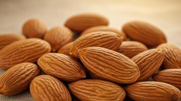 A close up of raw, brown almonds showcasing their texture and natural form photo