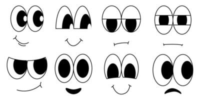Retro cute cartoon character face set isolated on white background. Black and white style animation art. 50s mascot facial expression vector