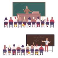 Professors Giving Task, Explaining Seminar, Lecture to Students Sitting in Classroom Set, University, College Education Flat Illustration vector