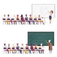 Professors Giving Task, Explaining Seminar, Lecture to Students Sitting in Classroom Set, University, College, High School Lesson Flat Illustration vector