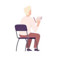 Male Student Sitting on Chair in Class, Back View of Young Man Writing in Notebook During University Lecture Flat Illustration vector