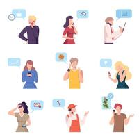 People Communicating and Working Online at Home Using Smartphones Set, Social Distancing or Self Isolation Concept Flat Illustration vector