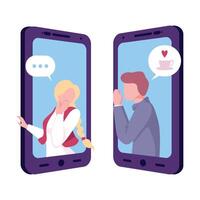 Online Date, Mobile Chatting or Conversation of People via Smartphones, Text Bubbles on Screens of Two Mobile Phones Facing Each Other Flat Illustration vector