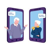 Conversation of Two Elderly People via Smartphones, Text Bubbles on Screens of Two Mobile Phones Facing Each Other, Flat Illustratio vector
