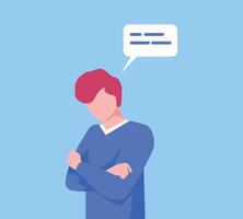 Young Man Communicating with Speech Bubble, Man Standing with Folded Hands, Social Networking, Virtual Relationships Flat Illustration vector