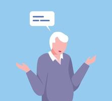 Puzzled Senior Man Shrugging his Shoulders, Man Communicating with Speech Bubble, Social Networking, Virtual Relationships Flat Illustration vector