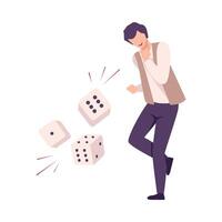 Guy Won Money Prize in Gambling Game, Happy Man with Falling Dices Flat Illustration vector