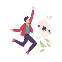 Guy Won Money Prize in Gambling Game, Happy Man with Winning Playing Card Flat Illustration vector