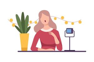 Female Blogger Making for Blog or Vlog Using Digital Camera Flat Illustration vector