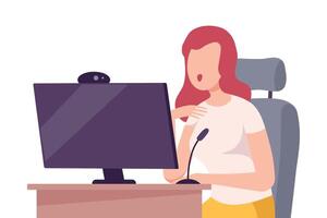 Blogger Online Streaming, Girl Sitting at Computer Desk with Microphone and Camera for Internet Vlog Communication Flat Illustration vector