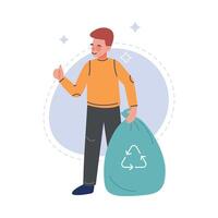 Boy Collecting Waste into Garbage Bag, Volunteer Saving and Protecting the Environment from Pollution Illustration vector