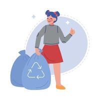 Girl Collecting Waste into Garbage Bag, Volunteer Saving and Protecting the Environment from Pollution Illustration vector