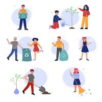 Volunteers Saving and Protecting the Environment from Pollution Set, Boy and Girls Planting Trees and Collecting Plastic Waste for Recycling Illustration vector