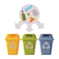 Sorting Waste for Recycling, Segregation and Separation Garbage Disposal Bins Flat Illustration vector