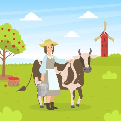 Woman with Bucket Standing Next to Spotted Cow, Female Farmer Working at Farm, Summer Rural Landscape illustration