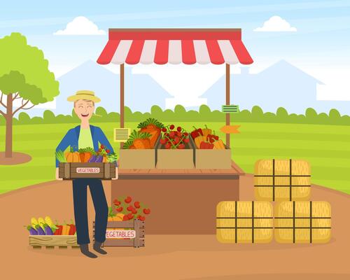 Cheerful Male Farmer Selling Fresh Organic Vegetables on Stall at Marketplace illustration