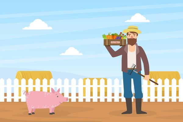 Male Farmer Holds Box of Vegetables, Autumn Rural Landscape Illustration