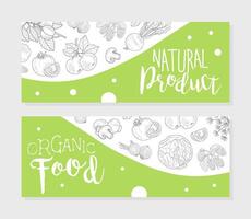 Natural Farm Product Horizontal Banners Templates Set with Hand Drawn Vegetables Seamless Pattern, Design Element Can Be Used for Farm Market, Restaurant Menu, Flyer, Certificate Illustration vector