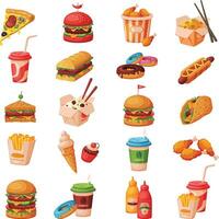 Fast Food Dishes with Drinks and Desserts Collection, Objects for Cafe or Restaurant Menu Illustration vector