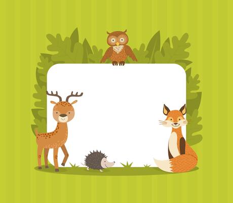 Cute Wild Forest Animals with Blank Banner, Flamingo, Owl, Deer, Hedgehog, Fox Standing Next to the Blank Signboard illustration