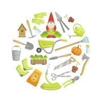 Circle of different garden tools. illustration. vector