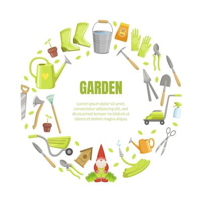 Wreath of garden tools in gray and green colors. illustration.