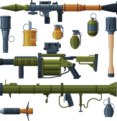Military Hand Grenade and Bazooka Portable Rocket Launcher Collection, Combat Army Weapon Objects Flat Style Illustration
