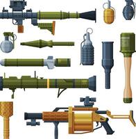 Hand Grenade and Bazooka Portable Rocket Launcher Collection, Military Combat Army Weapon Objects Flat Style Illustration vector