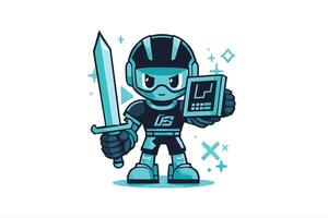 A cartoon character holding a sword and a tablet vector