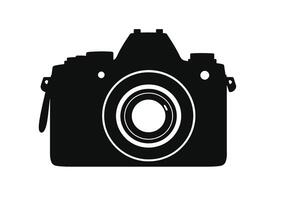 A black and white photo of a camera. imple Black Silhouette of a DSLR Camera. A clean minimalist silhouette of a DSLR camera vector