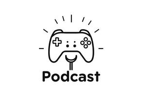 Gaming Podcast Logo Design. A simple clean line art logo featuring a game controller connected to a microphone suitable for a podcast focusing on games vector