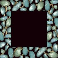 Square watercolor frame of sea stones and pebbles in gray and blue colors, twine on a dark background. All objects are hand-painted with watercolors. For decorating invitations, postcards, printing vector