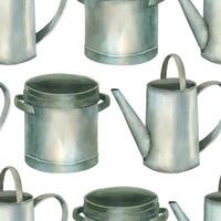 Seamless watercolor pattern. Metal vintage watering can, saucepan, all objects are hand painted with watercolor. Watercolor illustration. Suitable for printing on fabric, paper, decor vector