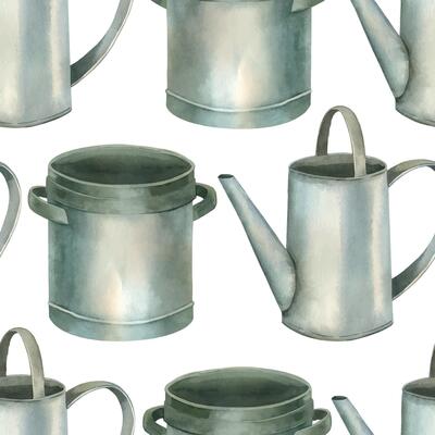 Seamless watercolor pattern. Metal vintage watering can, saucepan, all objects are hand painted with watercolor. Watercolor illustration. Suitable for printing on fabric, paper, decor