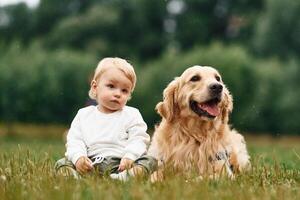 Sitting, on, the ground. Little boy with golden retriever dog on the field photo