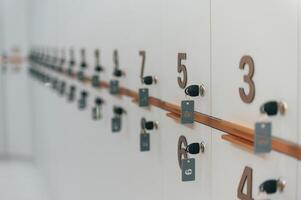 Close up view, of lockers with keys and numbers photo