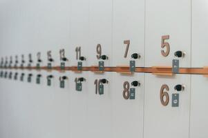 Close up view of lockers ,with keys and numbers photo