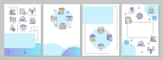 Travel risk manager blue circle brochure template. Security service for business journeys. Leaflet design with linear icons. Editable 4 layouts vector