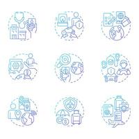 Travel risk management blue gradient concept icons. Business journey security service. Tourist insurance policy. Icon pack. Round shape illustrations for presentation. Abstract idea vector