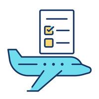 Planning flight abroad RGB color icon. Passenger airplane with checklist. Ensuring security during business travel by air. Isolated illustration. Simple filled line drawing. Editable stroke vector