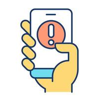 Alert push notification RGB color icon. Hand holding smartphone with exclamation mark on screen. Warning message. Isolated illustration. Simple filled line drawing. Editable stroke vector
