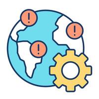 Travel alert RGB color icon. Earth globe with exclamation marks and cogwheel. International security system setup. Isolated illustration. Simple filled line drawing. Editable stroke vector